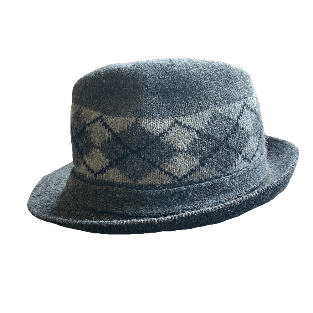 VTG Woven Fedora Hat Angora Wool Nylon Blend Charcoal Black Gray Argyle Band